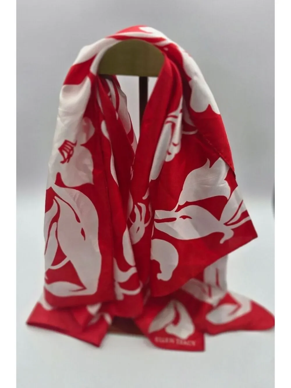 Vintage Ellen Tracy Red White Hibiscus Floral 100% Silk Square Scarf